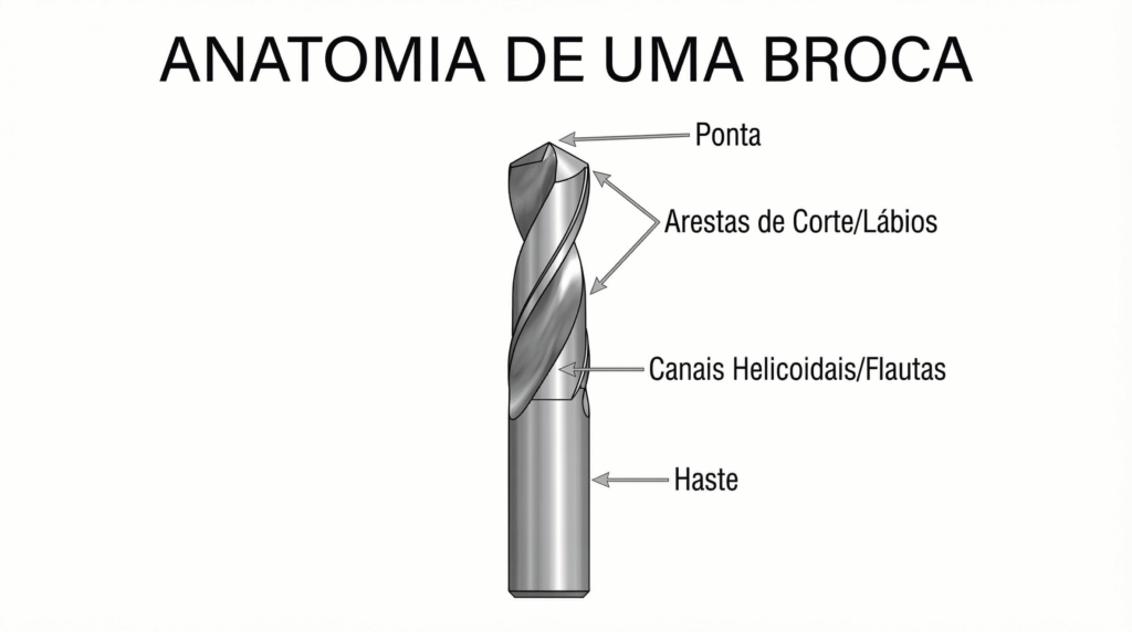 Diagrama educacional mostrando a anatomia de uma broca com suas partes principais: ponta, arestas de corte, canais helicoidais e haste