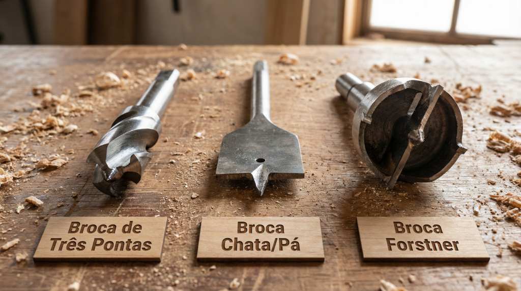Comparação visual de três tipos de brocas para madeira: broca de três pontas, broca chata/pá e broca Forstner sobre bancada de madeira