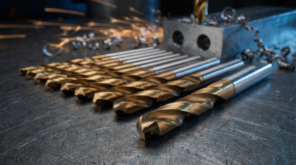 Conjunto de brocas HSS (High Speed Steel) com revestimento de titânio dourado para perfuração de metal, organizadas por tamanho