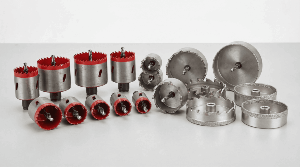 Coleção de serras copo em diversos tamanhos e tipos, incluindo bi-metal, para madeira e diamantadas, mostrando a variedade disponível